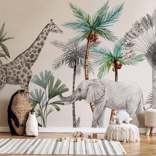 Carta da parati - Jungle Animals Wallpaper for Children's Room in Cartoon Style