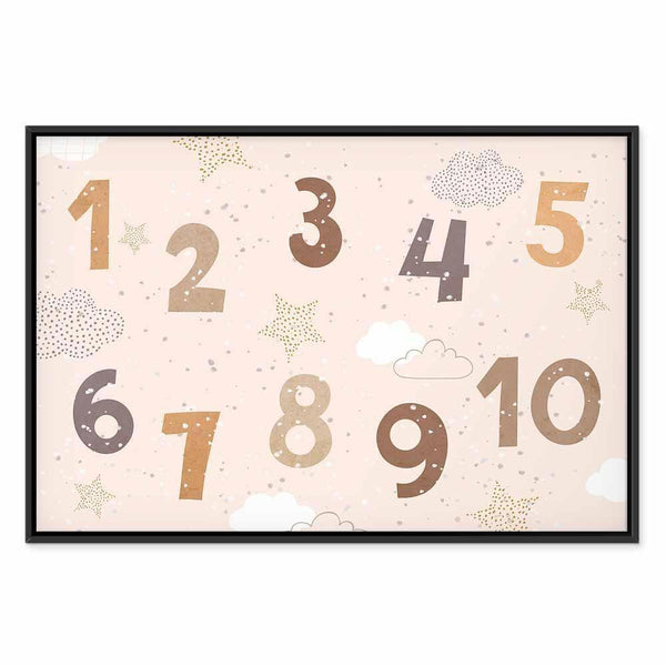 Quadro - Jumping Numbers - Numbers in a Subdued Beige-Brown Hue Among Snowflakes Stars and Clouds