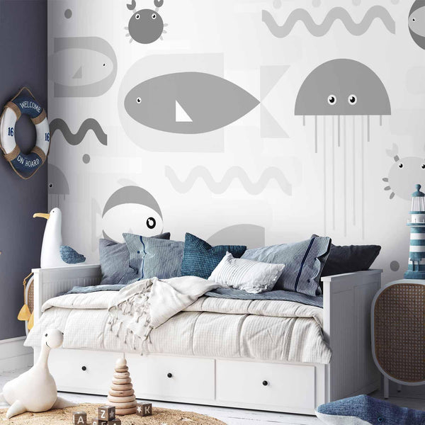 Carta da parati - Minimalist grey ocean - geometric fish in water for children