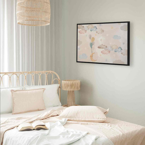 Quadro - Fairy-Tale Moon - Pastel Moon with Balloons Among Colorful Clouds and Stars in Subdued Colors on a Light Background