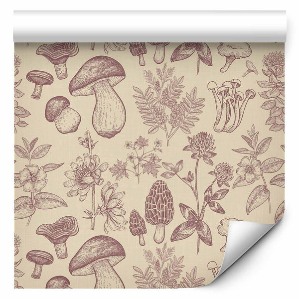 Tappezzeria murale - Beige mushrooms and herbs