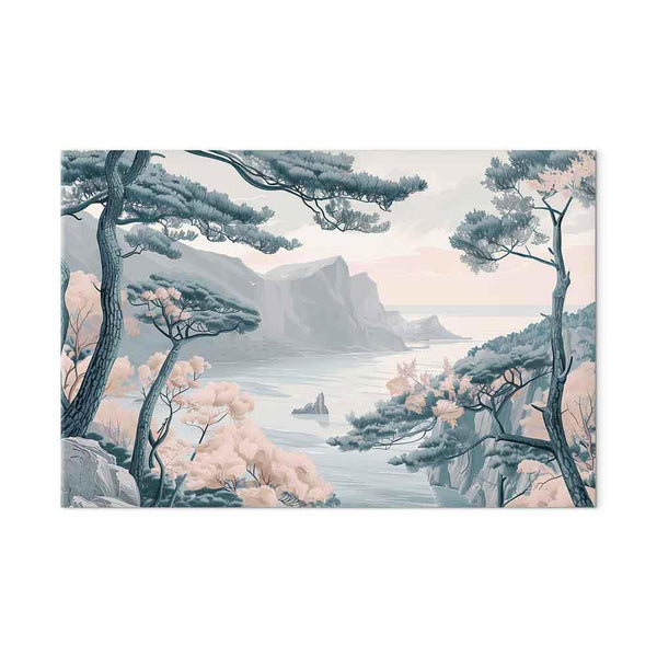 Quadro - Mountainous Coast with Trees and Rocks in Light Pastel Blues