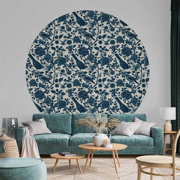 Carta da parati rotonda - Birds and roses - monochrome blue pattern with botanical motif