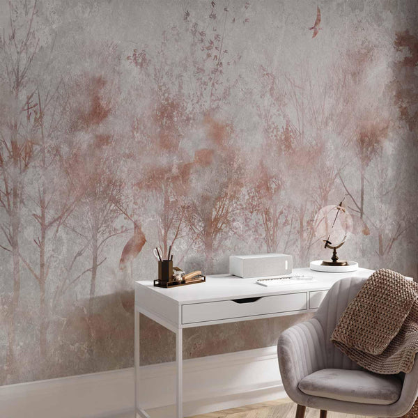 Carta da parati - Autumn landscape - abstract with trees and birds on a textured background