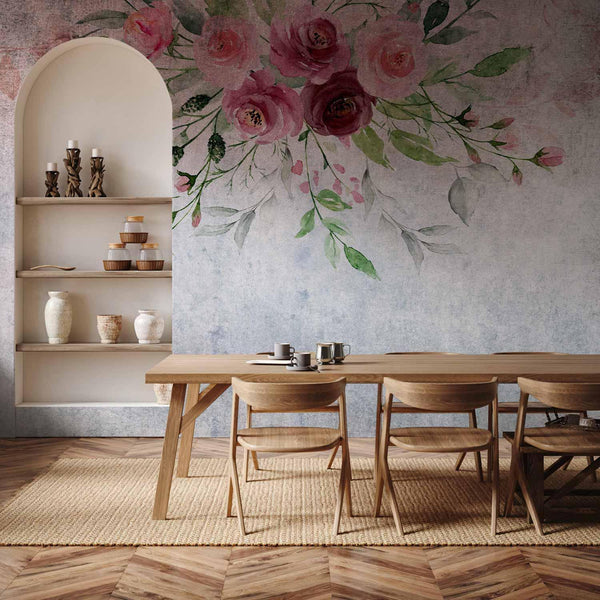 Carta da parati - Summer bloom - plant motif with flowers and leaves in pink tones