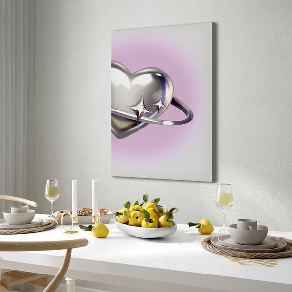 Quadro - Cosmic Heart - Silver Heart with a Ring on a Purple Background