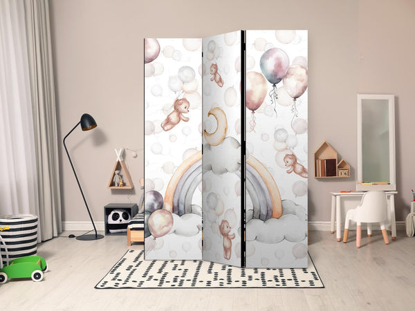 Paravento - Plush Bears with Balloons - Flying Light-Brown Bears Among Balloons - Clouds - and Rainbows in Subdued - Pastel Hues