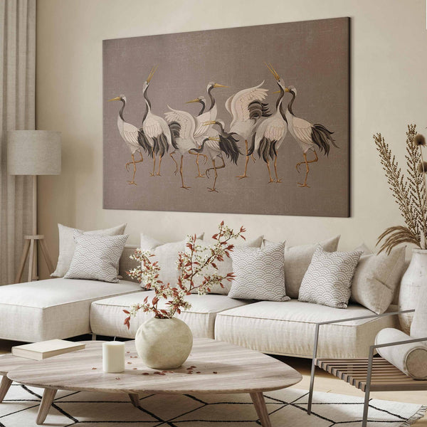 Quadro XXL - Crane dance – bright silhouettes of birds against a warm grey background with texture