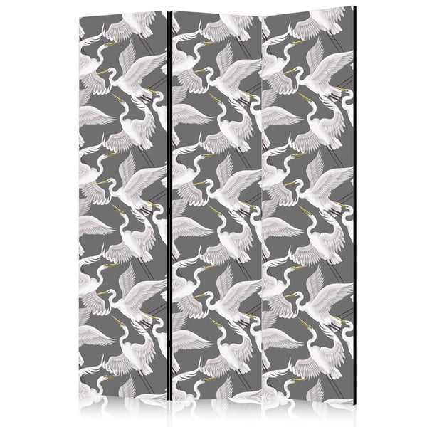 Paravento - Pastel birds - a delicate pattern of white and grey herons on a light pink background
