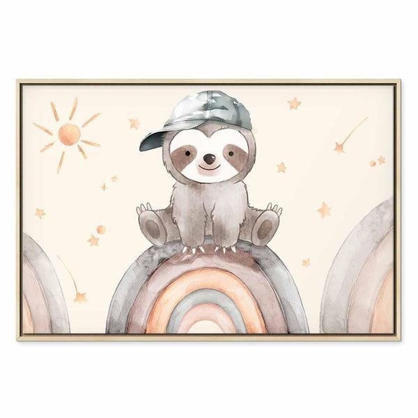 Quadro - Happy Sloth - Sloth in Subdued Colors Wearing a Cap Sitting on a Rainbow Among Little Stars