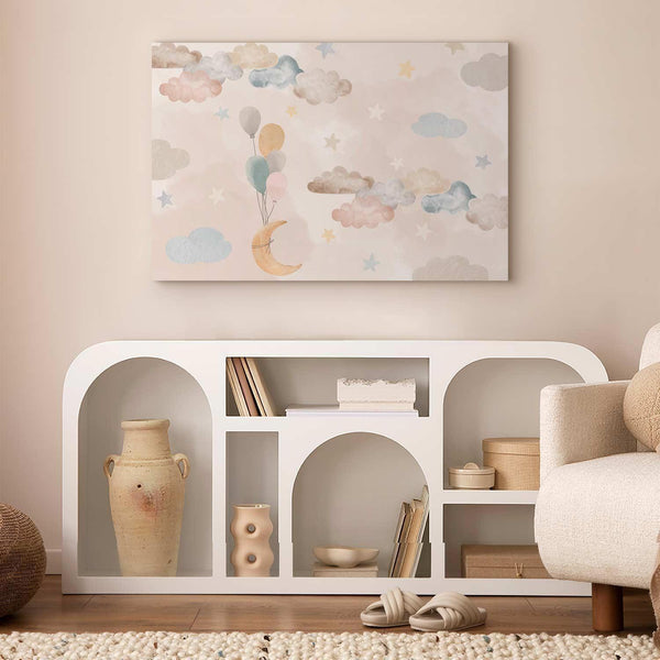 Quadro - Fairy-Tale Moon - Pastel Moon with Balloons Among Colorful Clouds and Stars in Subdued Colors on a Light Background