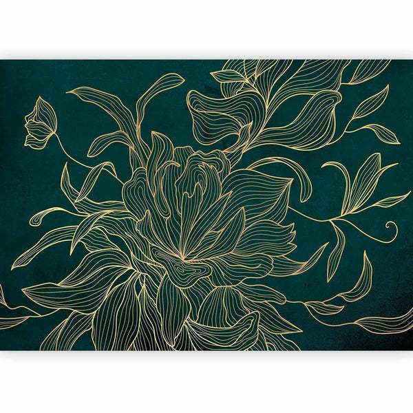 Carta da parati - Green boudoir - linear drawing of a flower in golden colours on a dark background