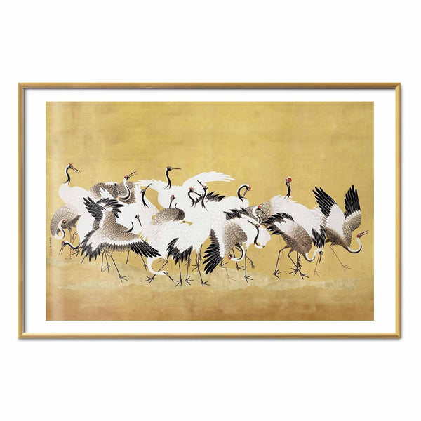 Poster - Japanese Cranes - a flock of birds against a golden background based on the painting of Ishida Yūtei