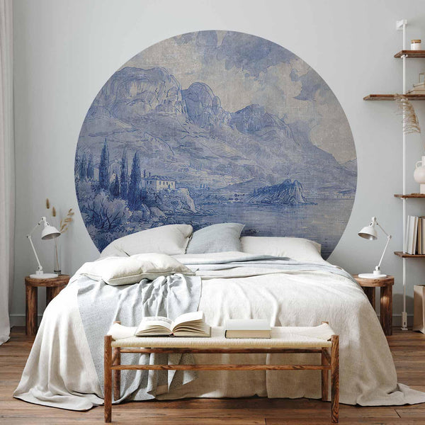 Carta da parati rotonda - Blue bay - Italian landscape of Lake Como painted with blue ink