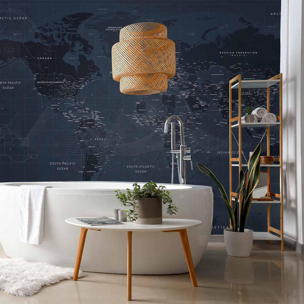 Carta da parati - World map in blue - continents with inscriptions in English