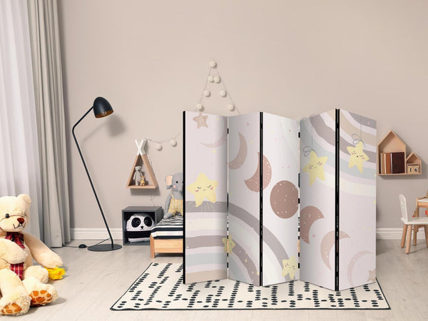 Paravento - Joyful Sky - Yellow Cheerful Stars with a Rainbow Against the Phases of the Moon - in the Sky Colored Light Beige