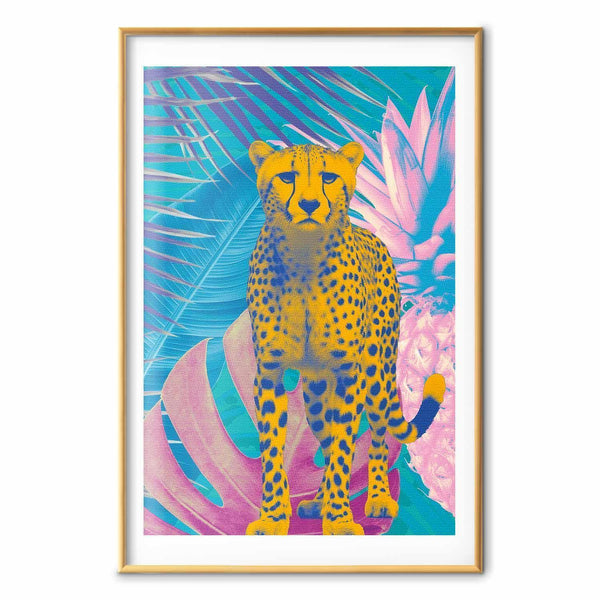 Poster - Exotic Leopard - colorful portrait of a cheetah against tropical leaves