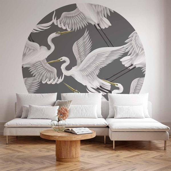 Carta da parati rotonda - Pastel birds – a delicate pattern of white and grey herons on a light pink background