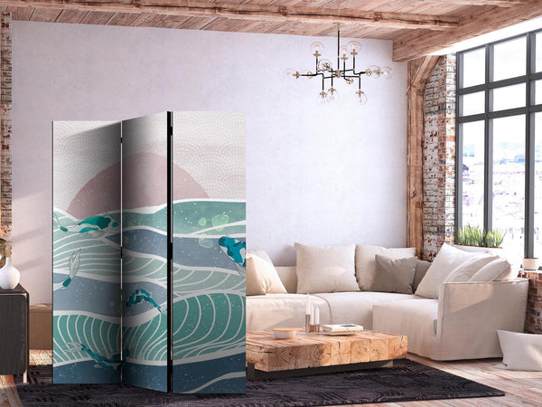 Paravento - Picturesque Landscape With Fish - Sunset And Koi Fish in Shades of Turquoise And Blue Floating Above The Water