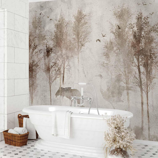 Carta da parati - Among the trees - landscape in grey tones in fog in a clearing with birds