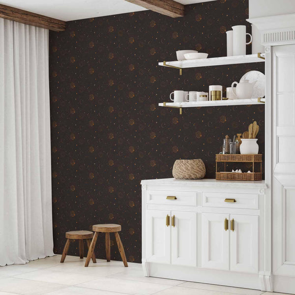 Tappezzeria murale - Night Sky - Artistic Composition of Suns and Planets on a Black Background