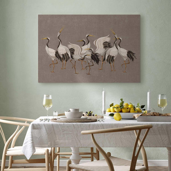 Quadro - Crane dance – bright silhouettes of birds against a warm grey background with texture