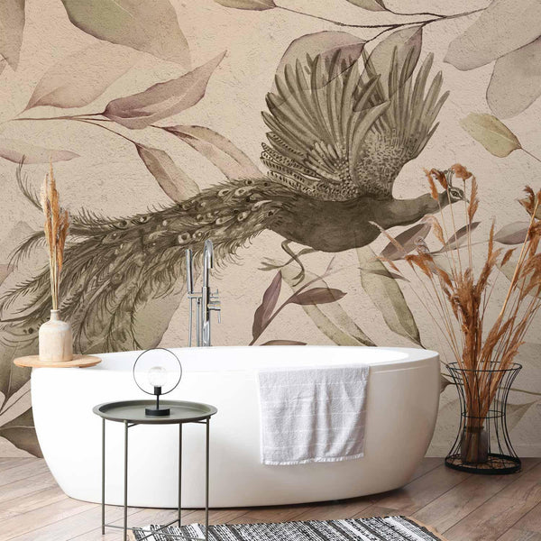 Carta da parati - Bird among the leaves - floral motif with a flying peacock in cool tones