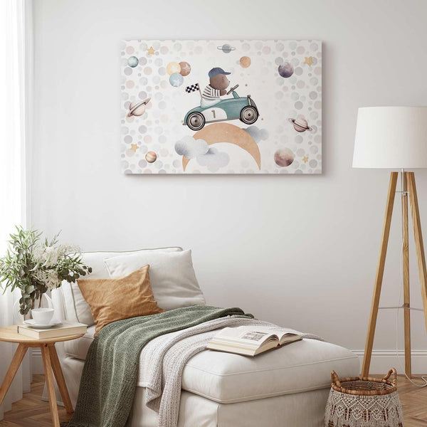 Quadro - Galactic Races - A Bear Participating in Car Races Among Planets Clouds and Stars in Pastel Hues