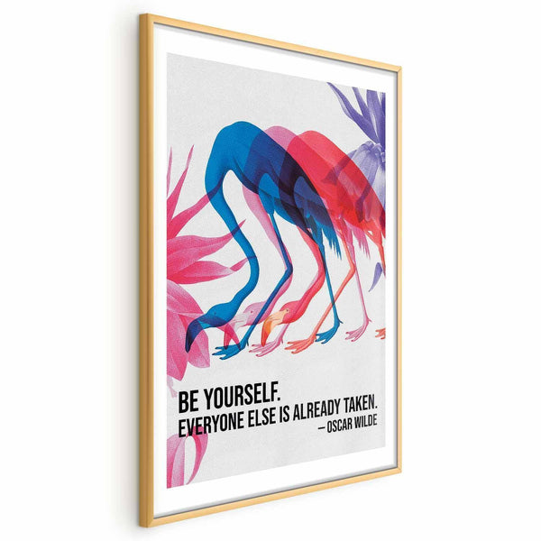 Poster - Colorful Repetition - three flamingo silhouettes with an inspiring quote