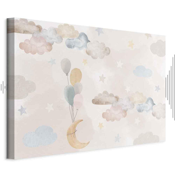 Quadro - Fairy-Tale Moon - Pastel Moon with Balloons Among Colorful Clouds and Stars in Subdued Colors on a Light Background