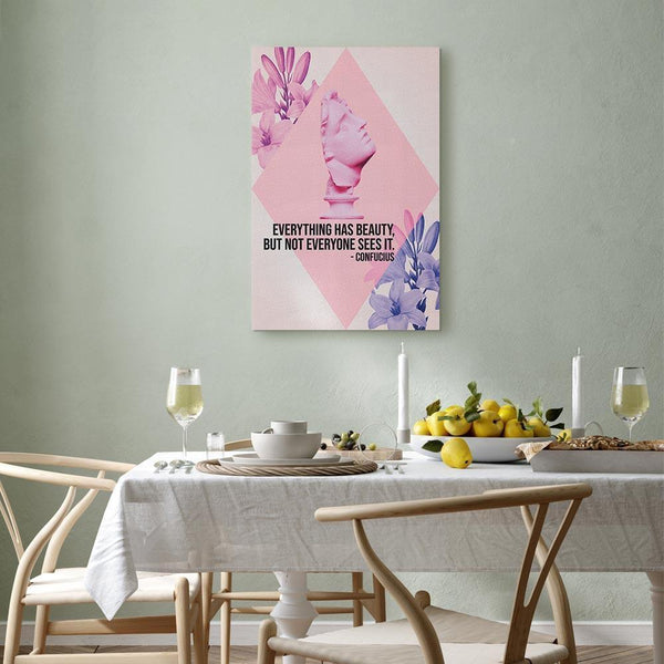 Quadro - Beauty in the Eyes - Inspirational Quote with Pink Bust and Flowers