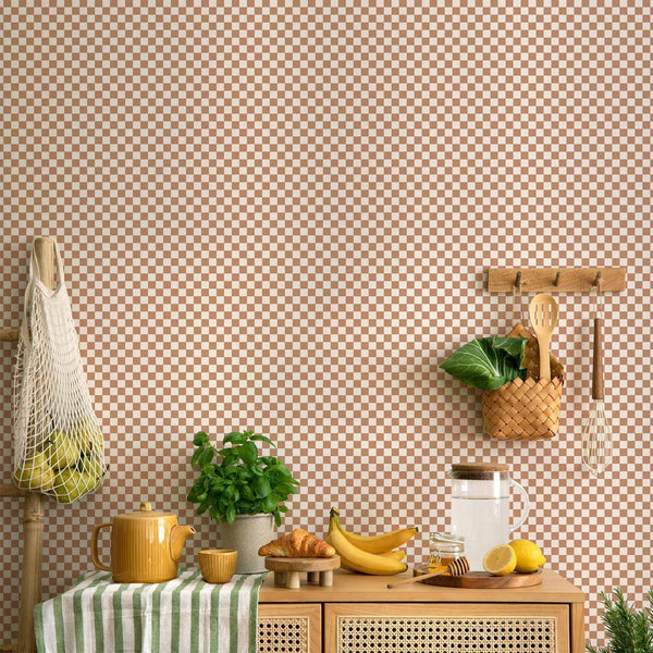 Tappezzeria murale - Checkerboard Pattern - Brown-White Grid with a Subtle Noise