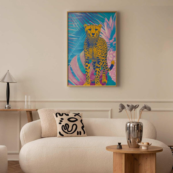 Poster - Exotic Leopard - colorful portrait of a cheetah against tropical leaves