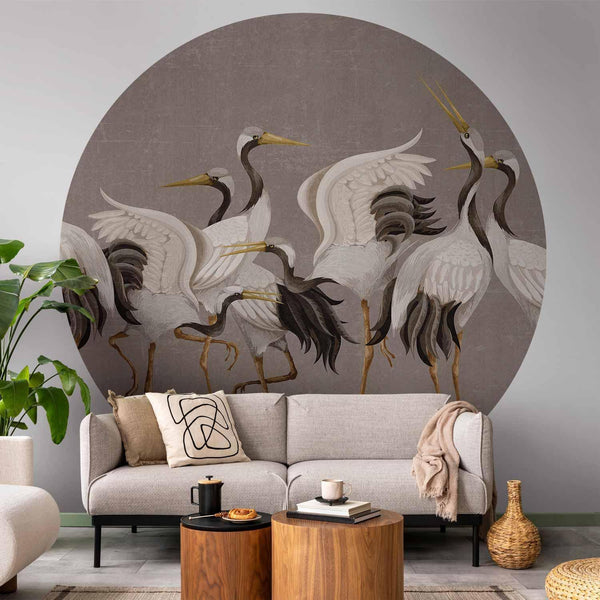 Carta da parati rotonda - Cranes dancing - bright silhouettes of birds on a warm grey background with texture