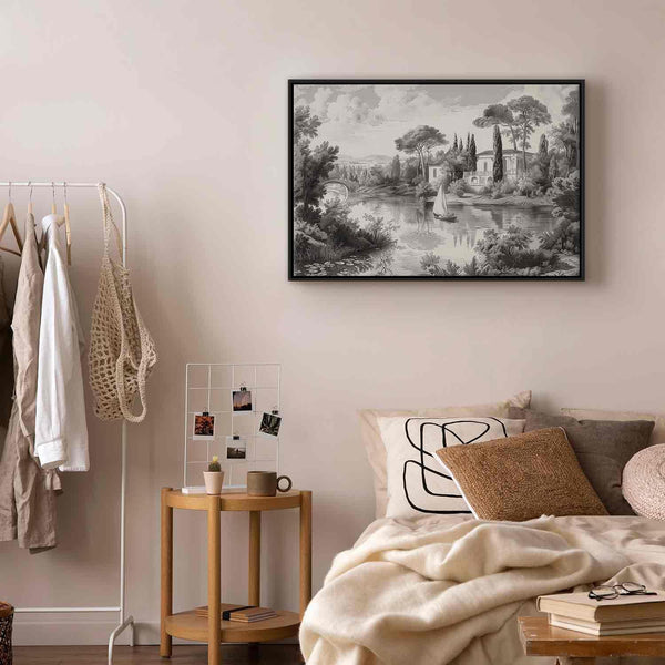 Quadro - Black and White Vintage Landscape Retro View of a Pond with a Boat