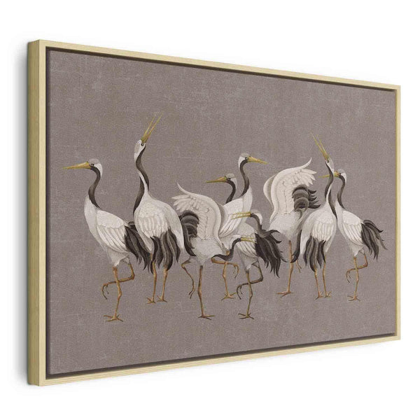Quadro - Crane dance – bright silhouettes of birds against a warm grey background with texture