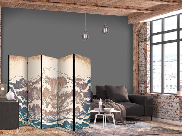 Paravento - Turbulent Ocean - High Waves in Brown And Navy Colors on a Beige Background in Vintage Style