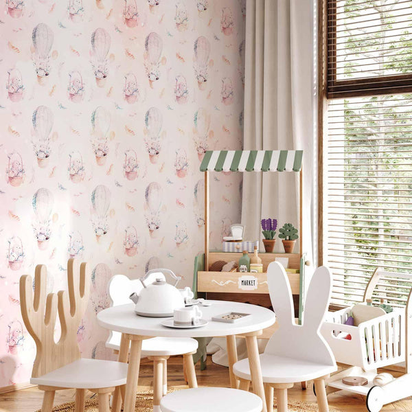 Carta da parati - Solid pattern with feathers - hares in a basket and in a balloon for children