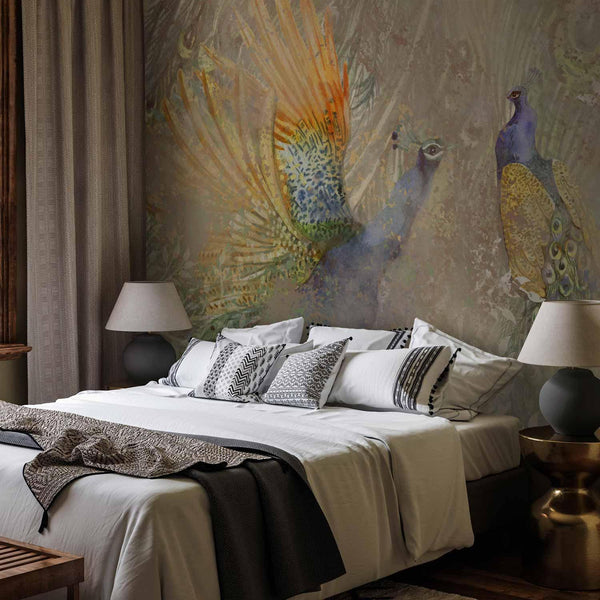 Carta da parati - Peacocks in dance - bird motif among an abstract pattern with ornaments