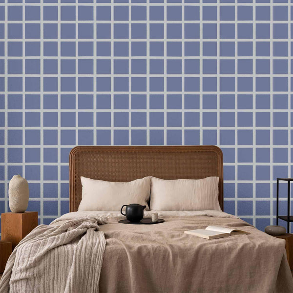 Tappezzeria murale - Lines and Symmetry - Expressive White Grid on a Blue Background