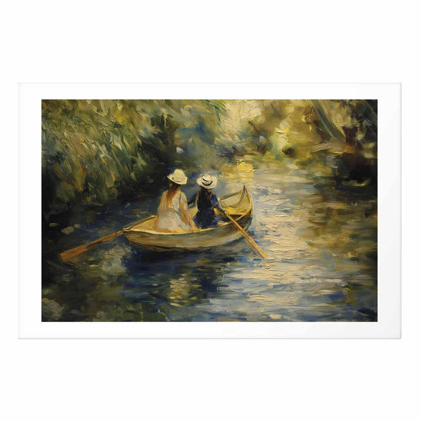 Poster - Boat crossing - painting of two women sailing a boat on a river
