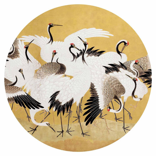 Carta da parati rotondi - Japanese cranes - a flock of birds against a golden background based on a painting by Ishida Yūtei