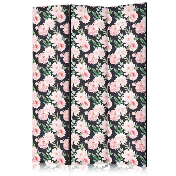 Paravento - Peonies - Pink Flowers and Green Leaves on a Graphite Background