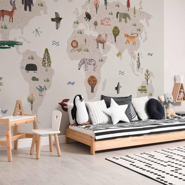 Carta da parati - Beige World - Continents With Animals in Muted Colours