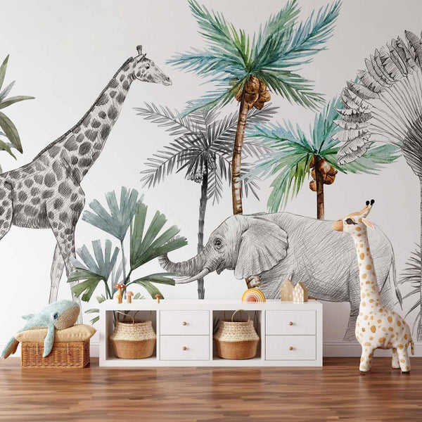 Carta da parati - Jungle Animals Wallpaper for Children's Room in Cartoon Style