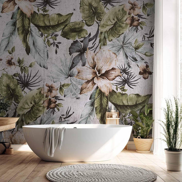 Carta da parati - Nature in retro style - jungle landscape with pale leaves and flowers