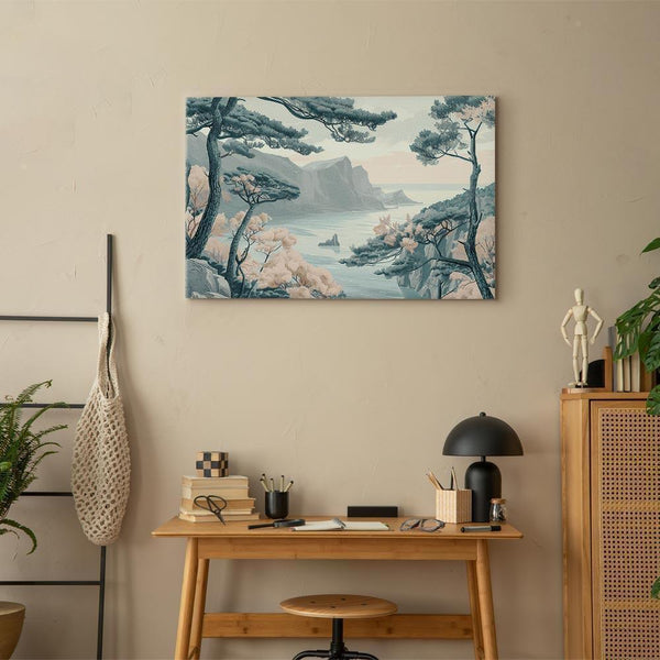 Quadro - Mountainous Coast with Trees and Rocks in Light Pastel Blues