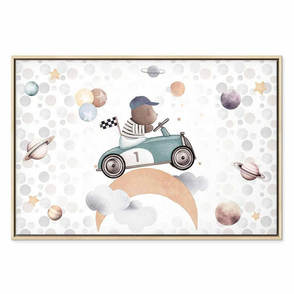 Quadro - Galactic Races - A Bear Participating in Car Races Among Planets Clouds and Stars in Pastel Hues