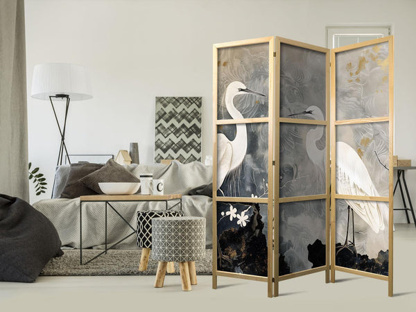 Paravento giapponese - Herons and cherry blossoms - oriental-style illustration depicting birds