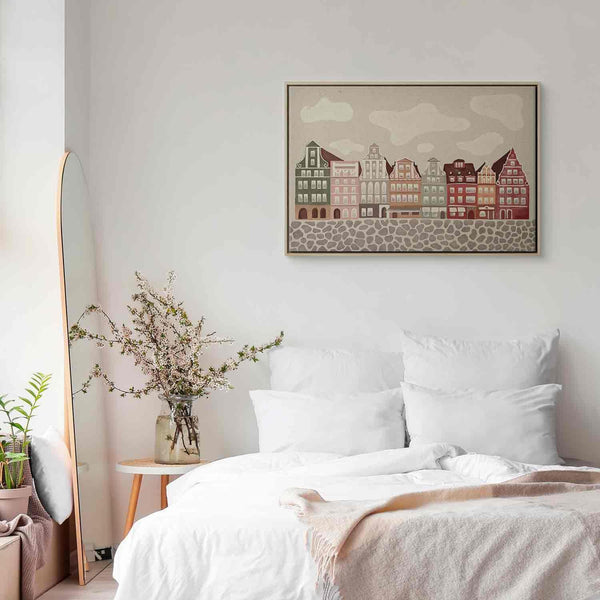 Quadro - Salt Square - Colorful Illustrated Townhouses Against a Cloudy Sky Background